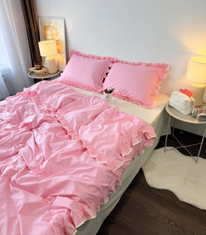 روتختی ساده چیندار رنگ صورتی،کاوری نخ پنبه